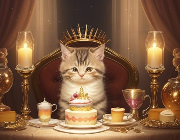 Fluffy Kitten with Crown and Cake in Golden Hour Light