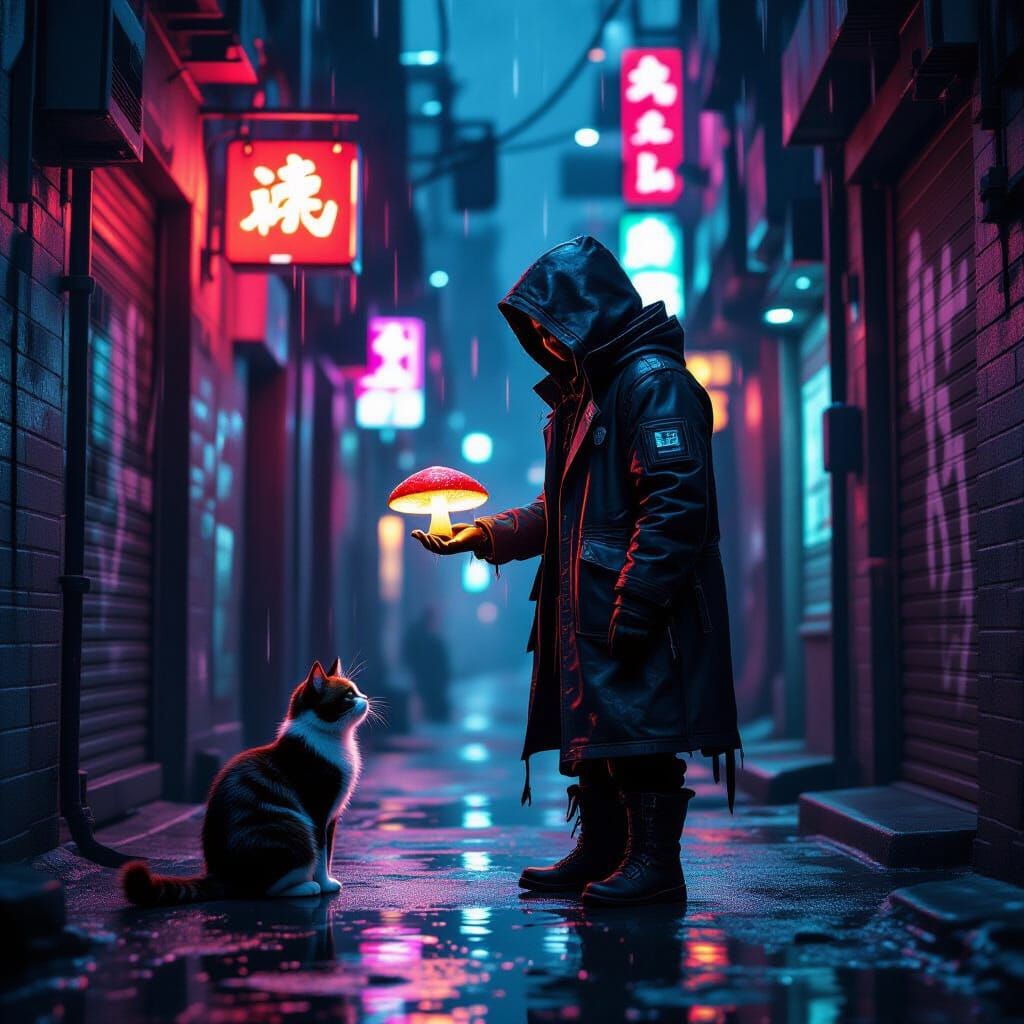 Cyberpunk Alley Scene: Figure Offers Glowing Mushroom to Cat