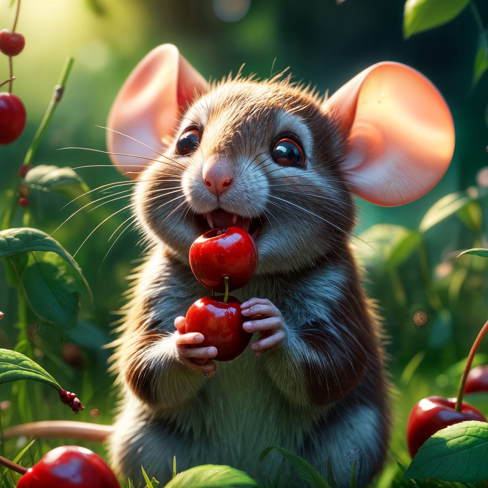 Cute Mouse Eating Cherry in Detailed Matte Painting
