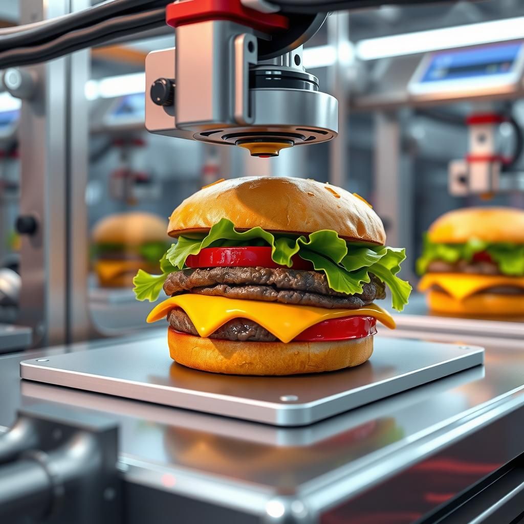3D-Printed Cheeseburger in Futuristic Production Line