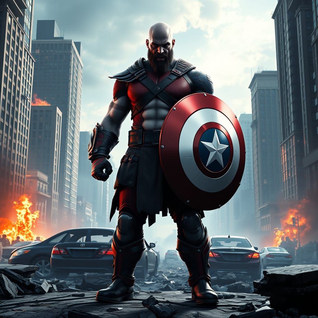 Heroic Warrior Stands Tall Amidst Ruined Cityscape in Vibran...