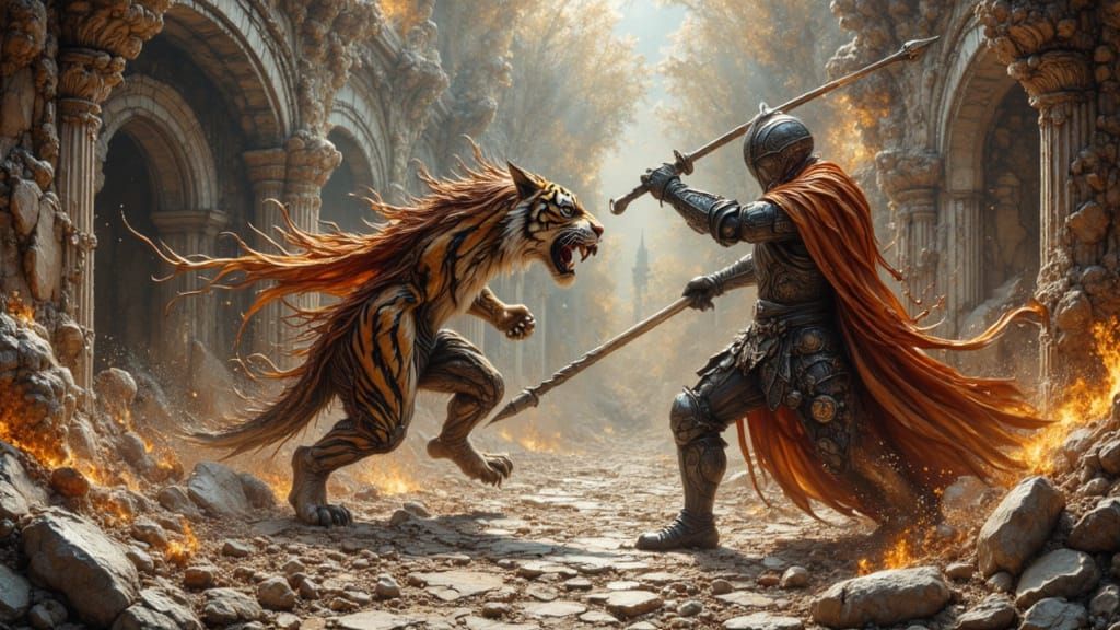 Anthropomorphic Tiger Knight Fight in Broken Arena