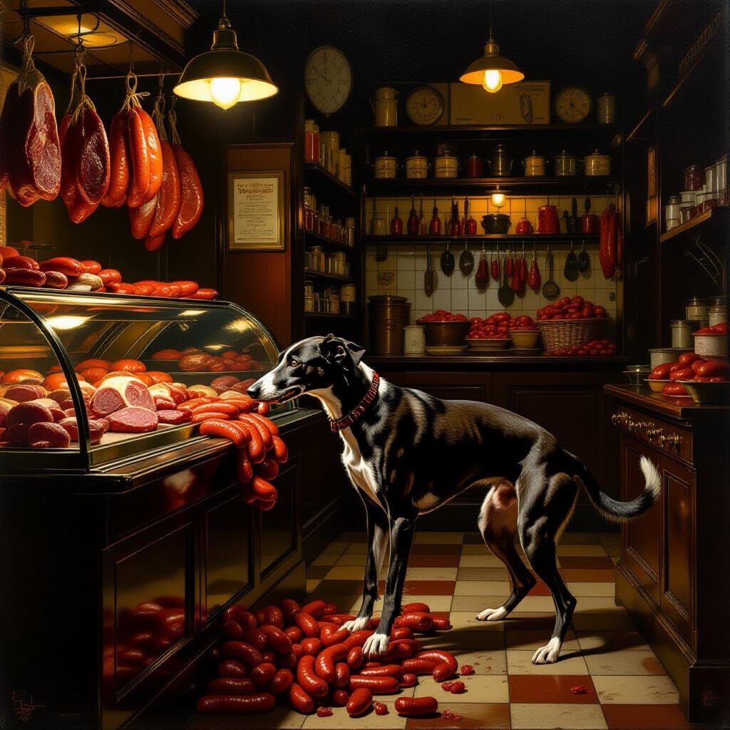 Greyhound Steals Sausages from Butcher Shop in Dramatic Oil ...