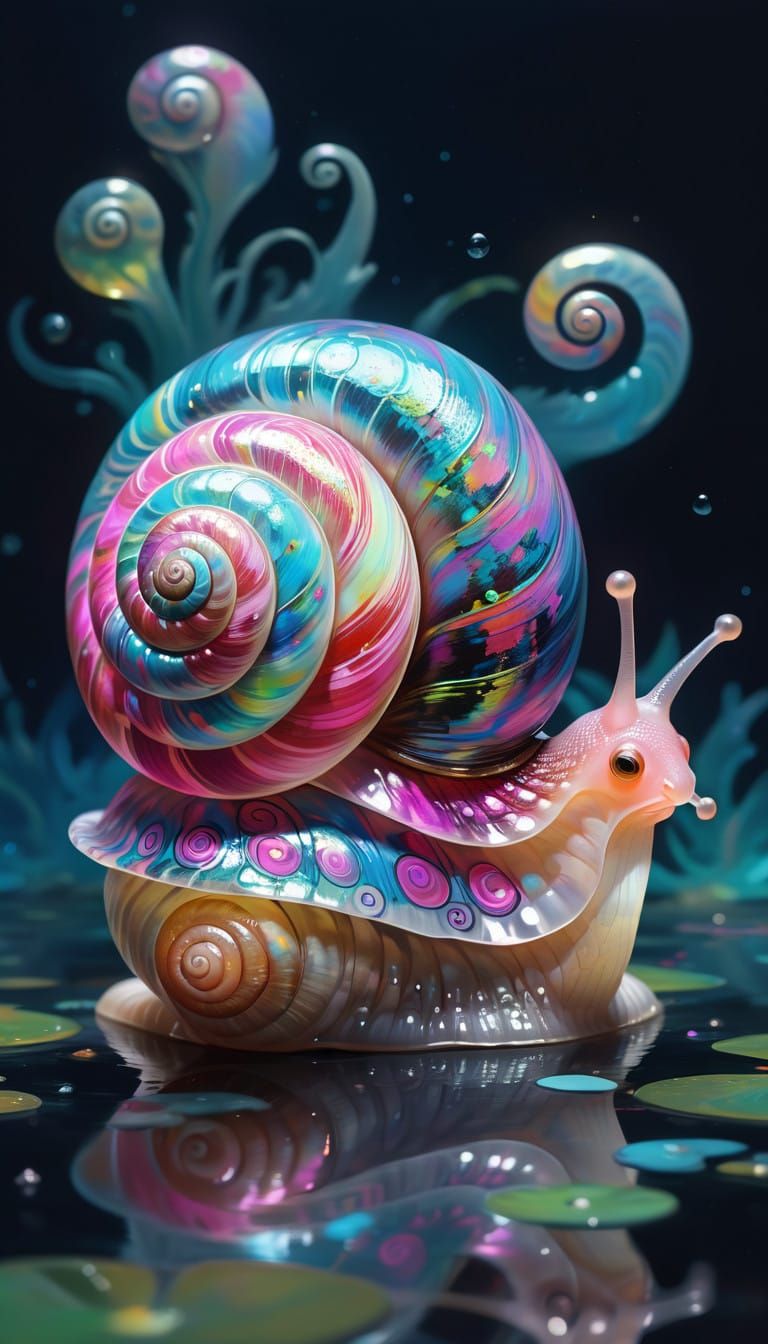 Surreal Pink Snail in Iridescent Misty Scene