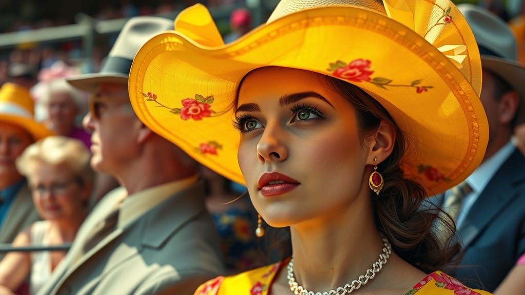 Woman at the Horse Track in a Vibrant Yellow Sunhat
