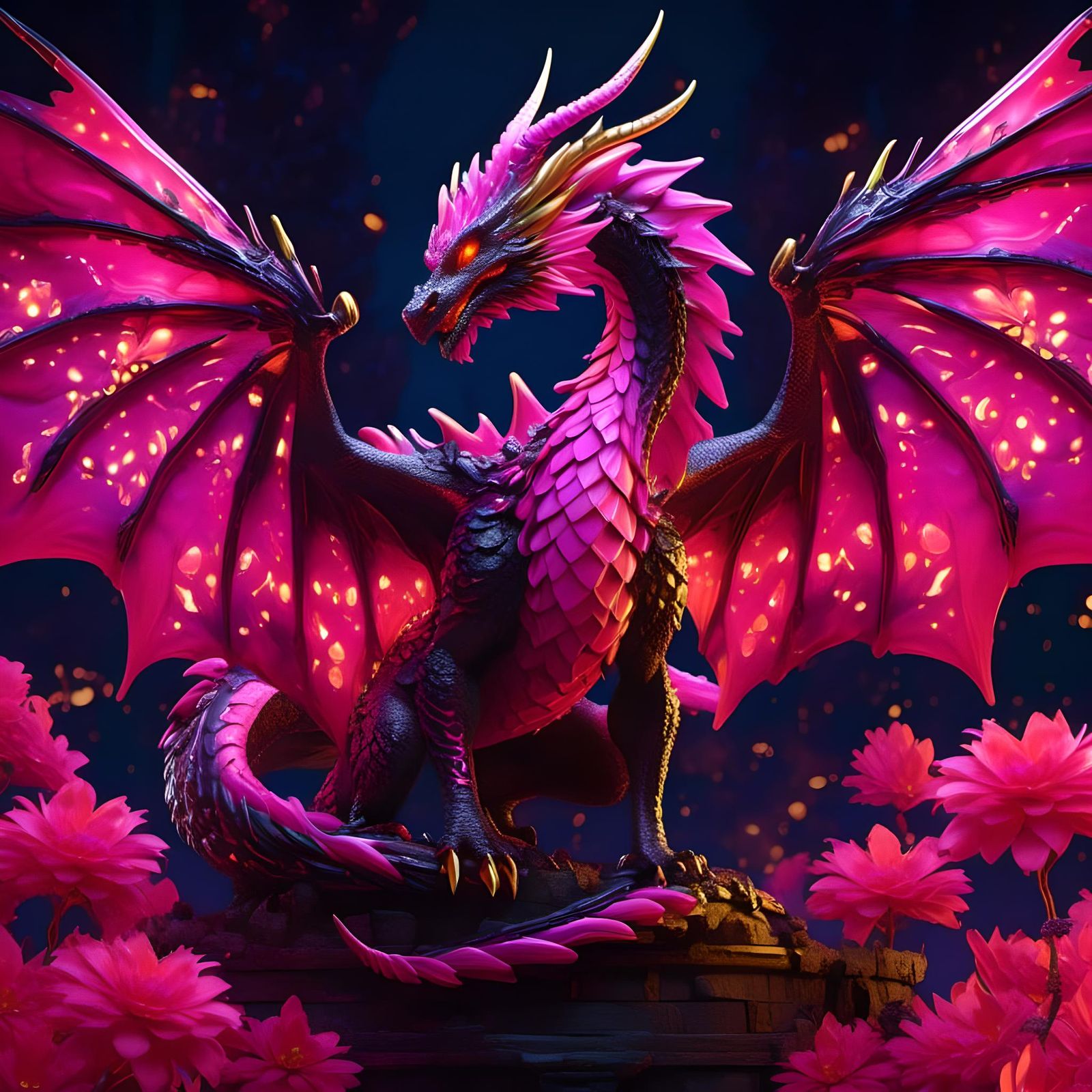 Neon Dragon Sleeping in Flower Field