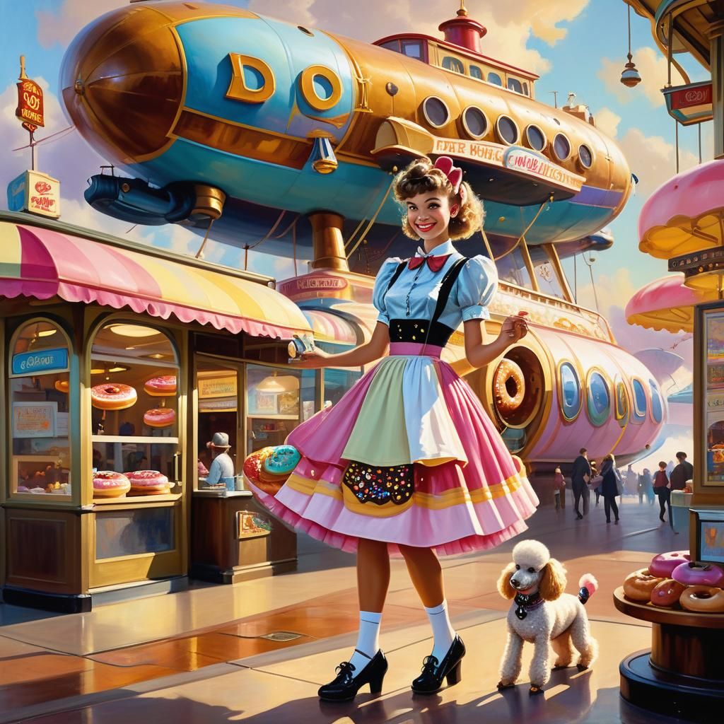 1950s Airship Donut Shop: Vintage Oil Painting