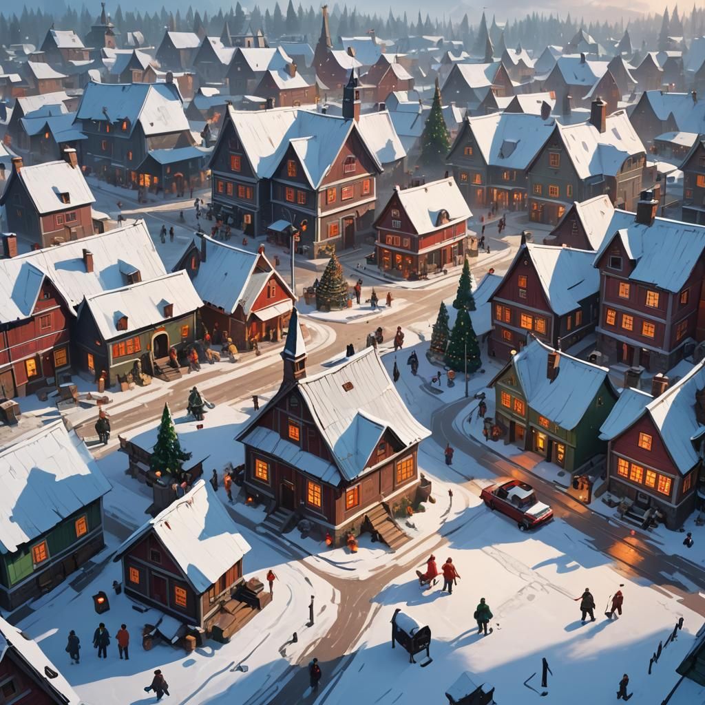 Festive Christmas Morning in a Snow-Covered Village