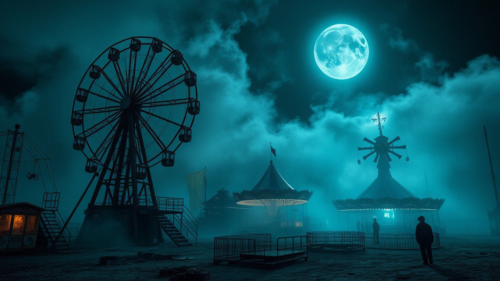 Eerie Moonlight Over Dilapidated Carnival Grounds