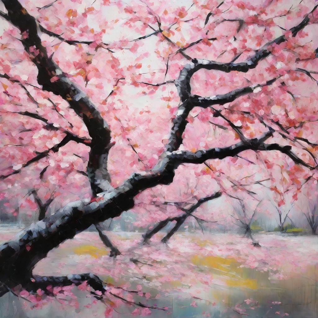 Cherry Blossoms Bloom on Battlefield: Mixed Media Painting