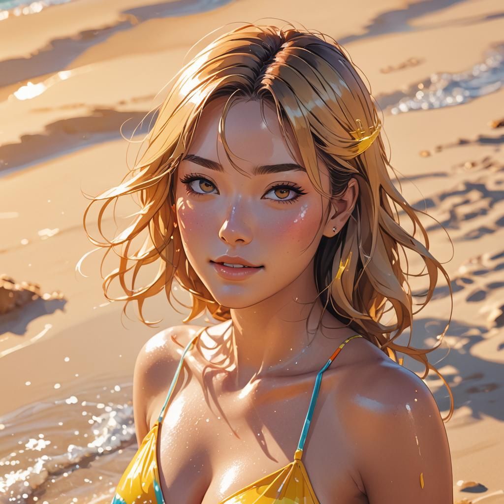 Anime Bikini Beauty on a Sunny Beach
