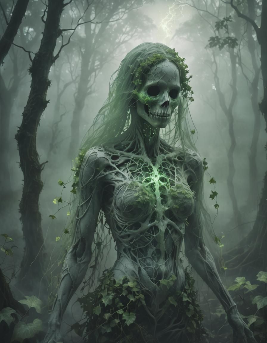 eerie skeletal trees, green glowing...