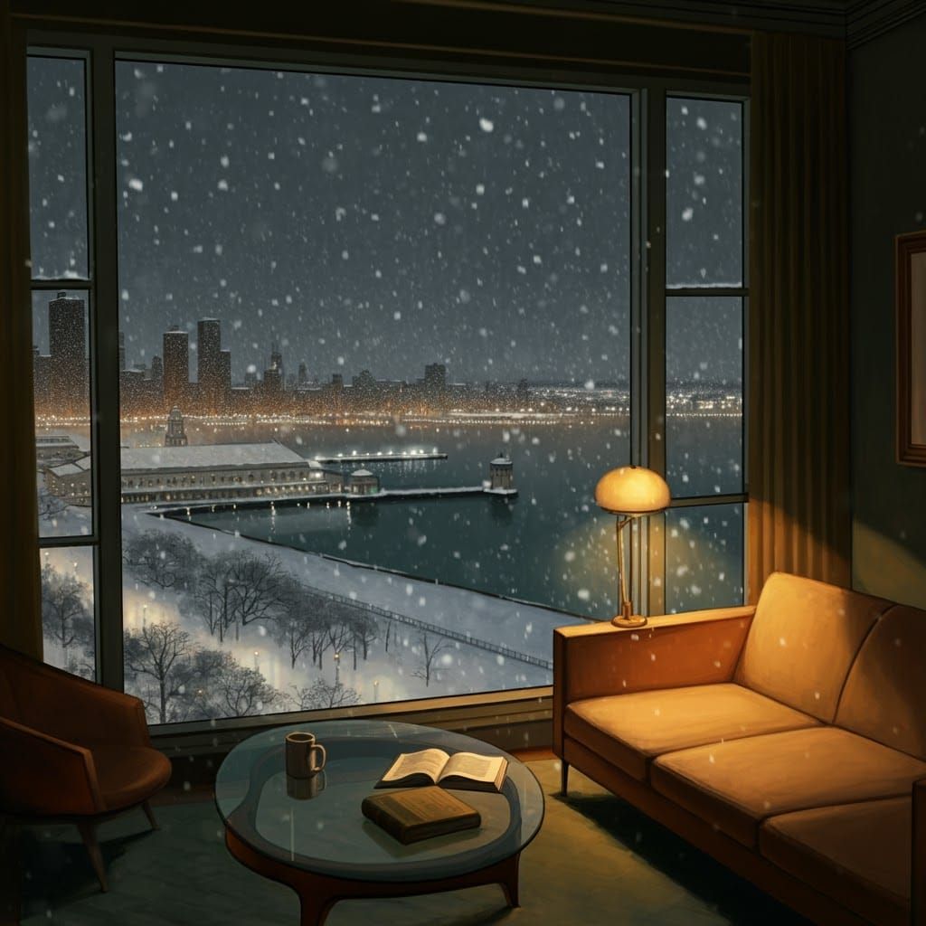 Mid-Century Luxury Apartment Overlooks Navy Pier on a Snowy...