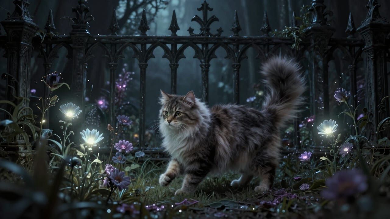 Fluffy Cat in Ethereal Gothic Garden