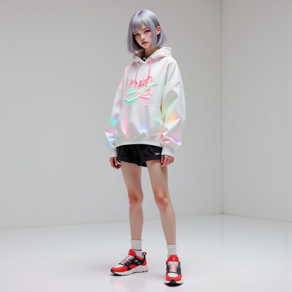 Futuristic Woman in Neon-Lit Studio, Digital Illustration