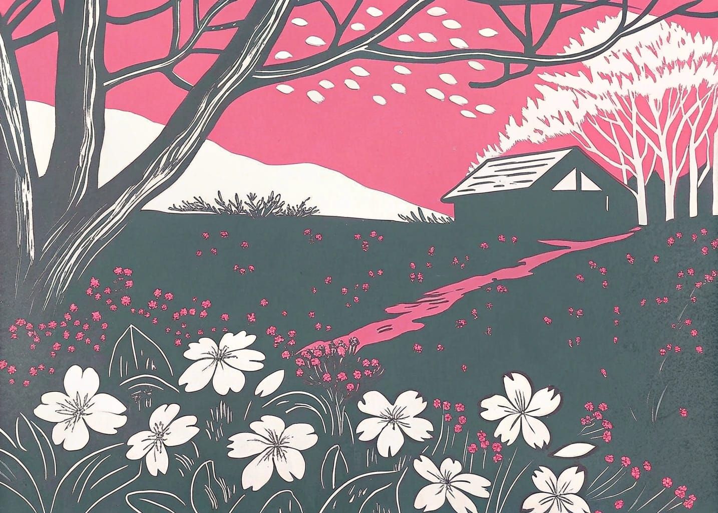 Whimsical Early Spring Scene in Handcoloured Linoprint Style