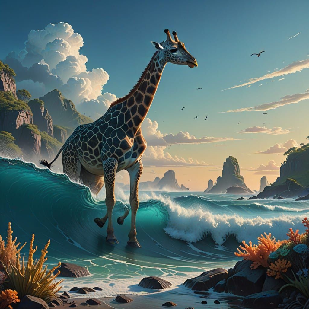 Cyberpunk-Style Hybrid Sea Creature Rises from Turquoise Dep...