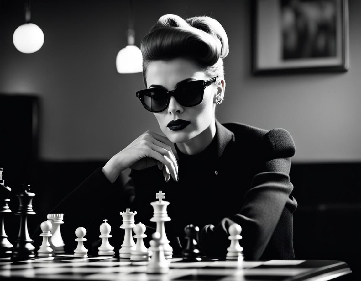 Glamorous Woman Plays Chess in Film Noir Style
