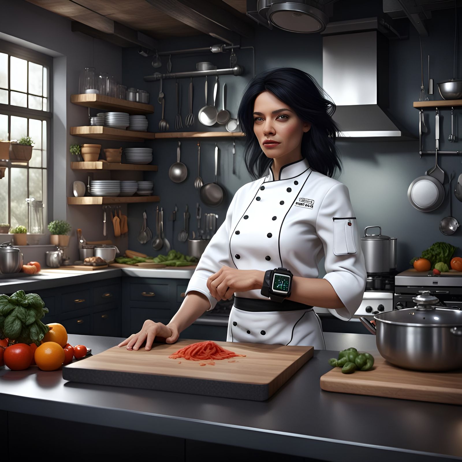 one lady in chef cote in the kitchen with kitchen equipment she wear black smart watch in her left hand, Hight 5ft, she ...