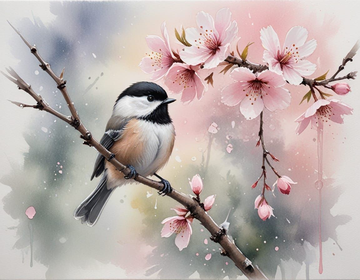 Chickadee on Cherry Blossom Branch in Watercolour