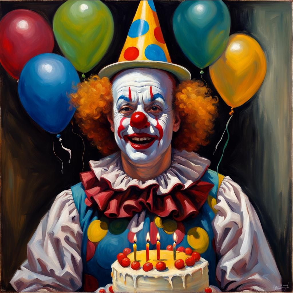 Clown Celebrates Birthday in Oil Painting Style