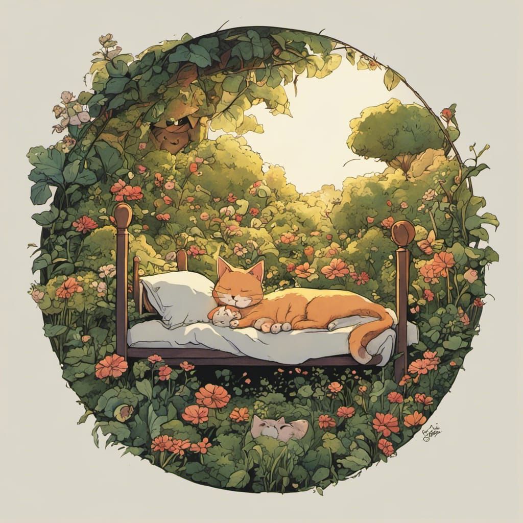 Girl and Cat Napping in Lush Garden