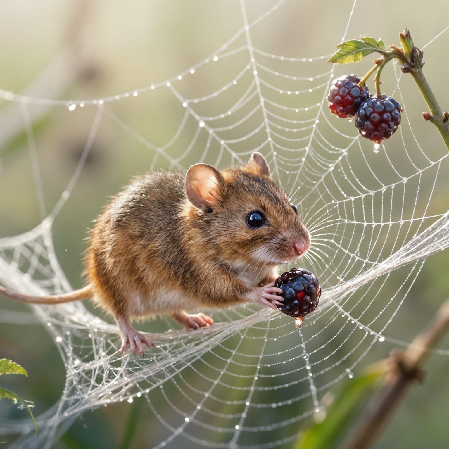 Fuzzy Mouse Crosses Spiderweb for Berry