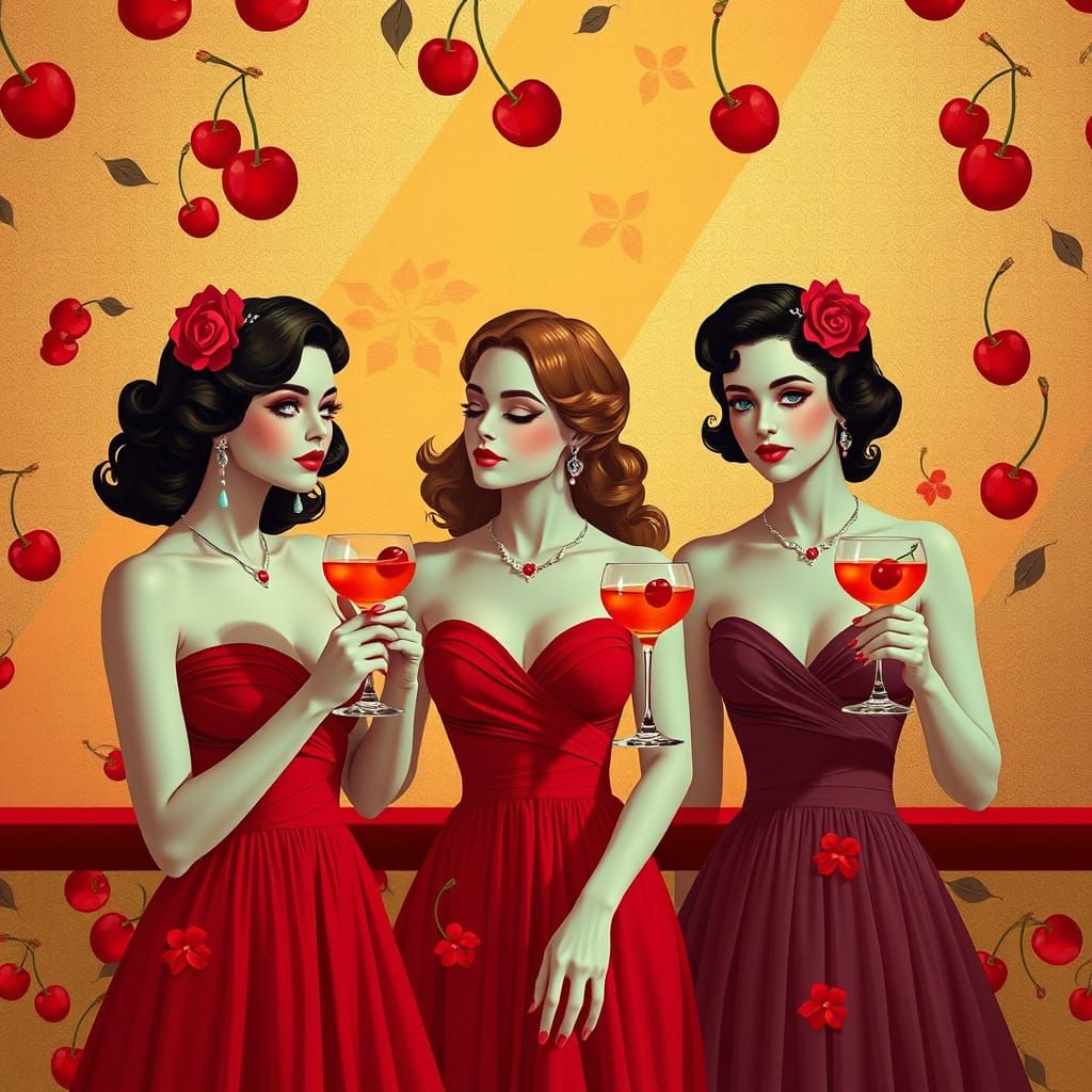 Elegant Women in Cherry Red Gowns with Cherry Drinks