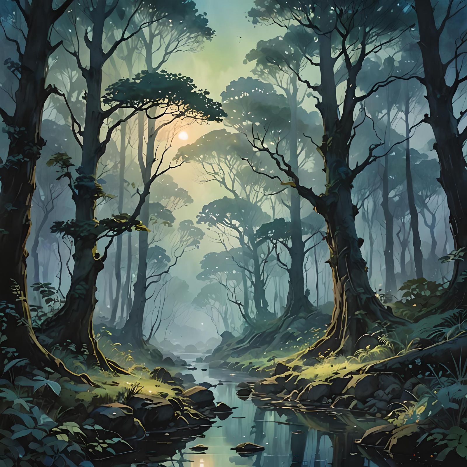 Mystical Forest Landscape Painting at Twilight
