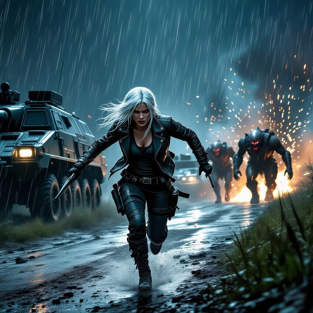 Huntress in Overgrown Roadside Ambush, Syd Mead Style