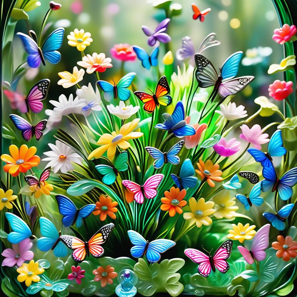 Enamel Glass Flowers with Butterflies in Art Deco Style