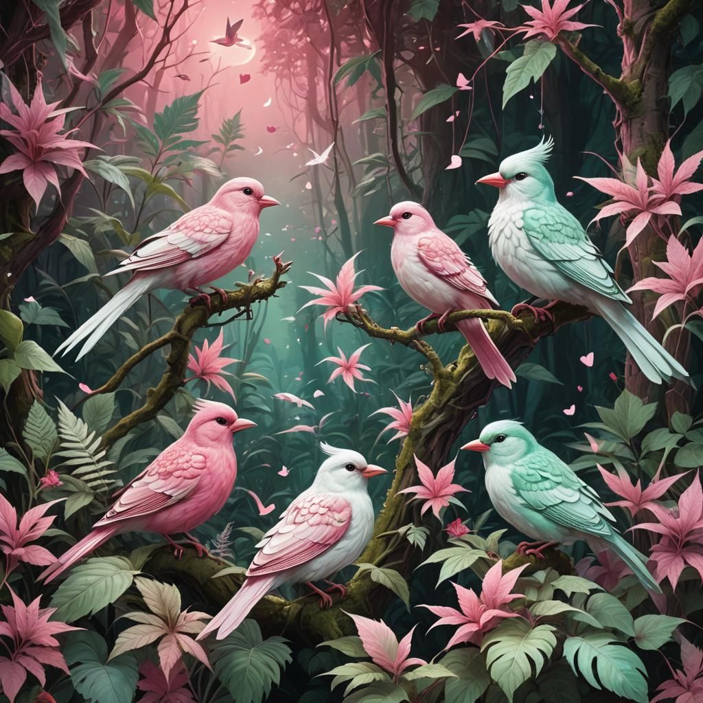 Pink Birds in Mystical Forest: Fantasy Art