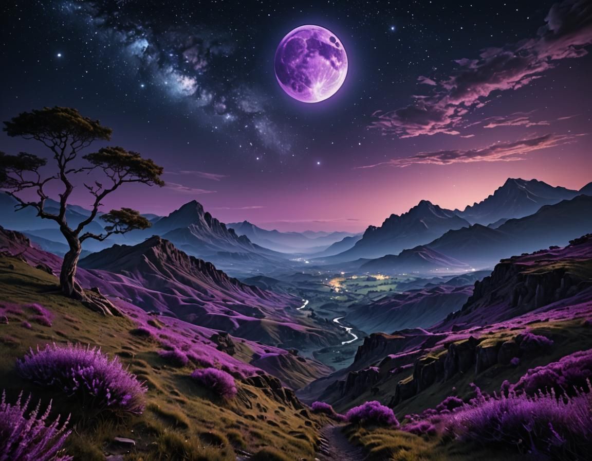 Fantasy Night Landscape with Purple Moon