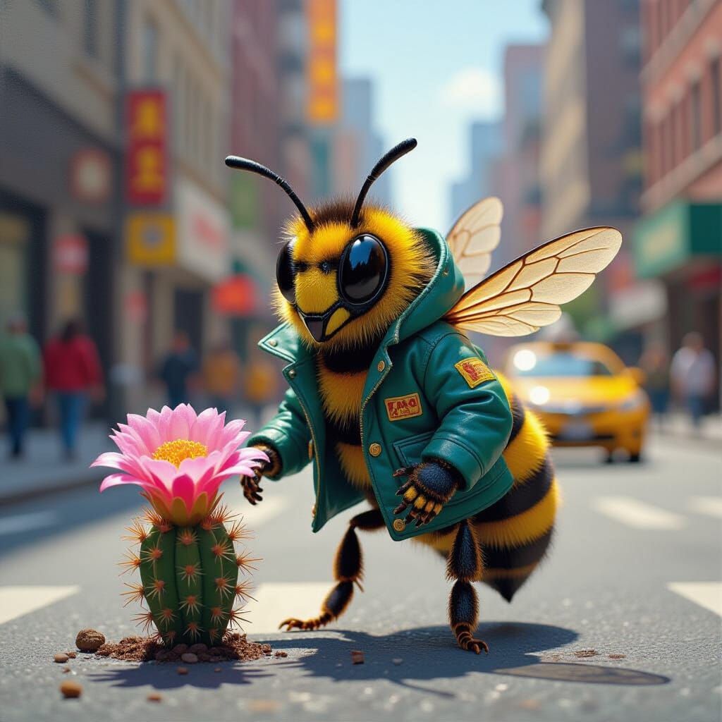 Street Art Bee Navigates City in Impasto Oil Painting Style