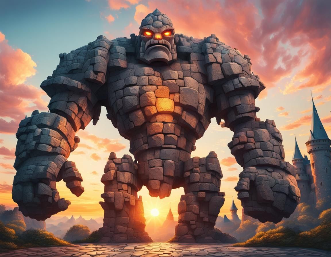 Giant Stone Golem Wandering Around Majestic Castle