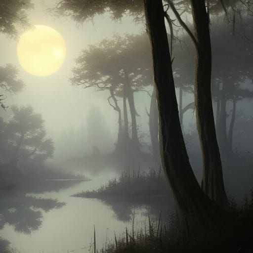 Ethereal Swamp Forest at Night in Dark Fantasy Style