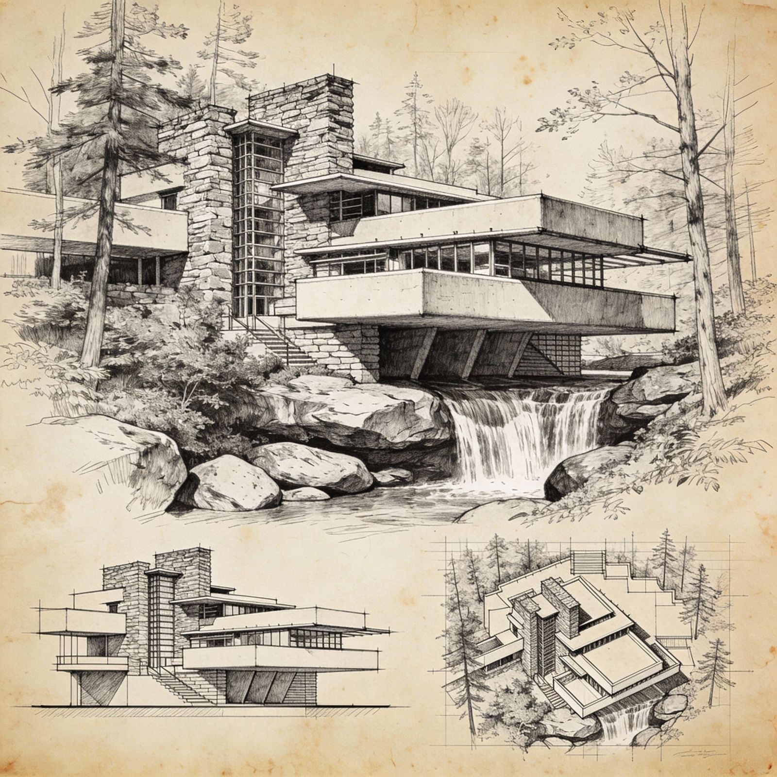 Fallingwater Villa Architectural Sketch in Modernist Style