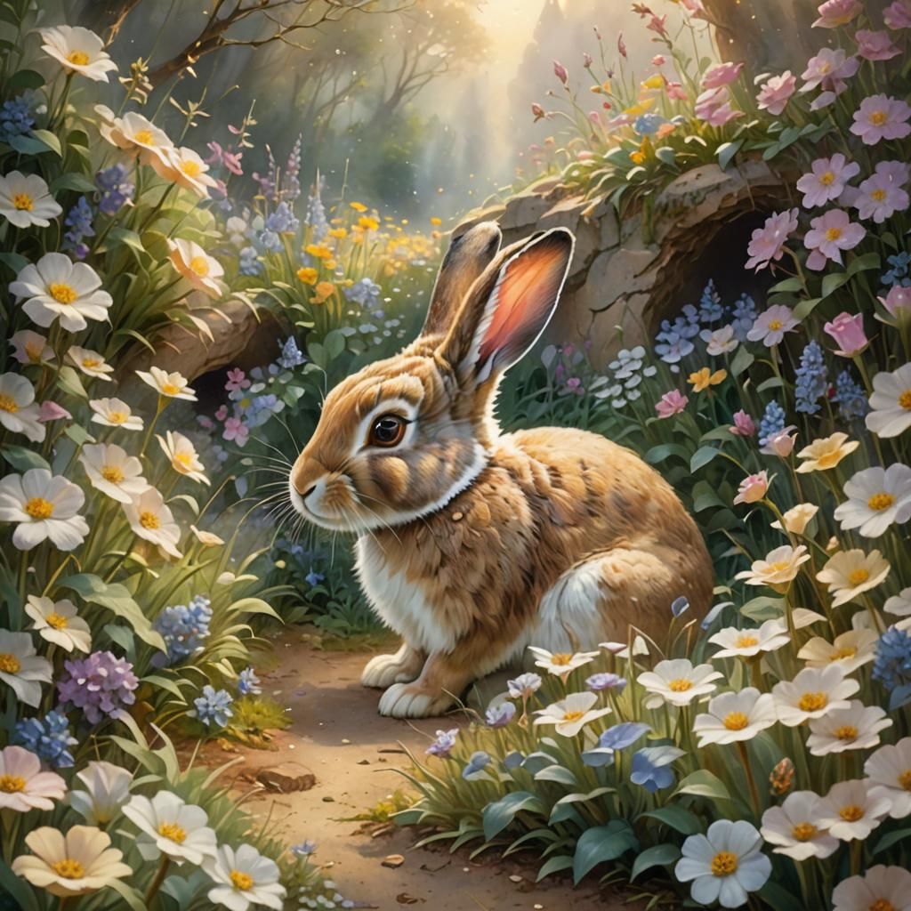 Ethereal Rabbit in Burrow with Falling Petals