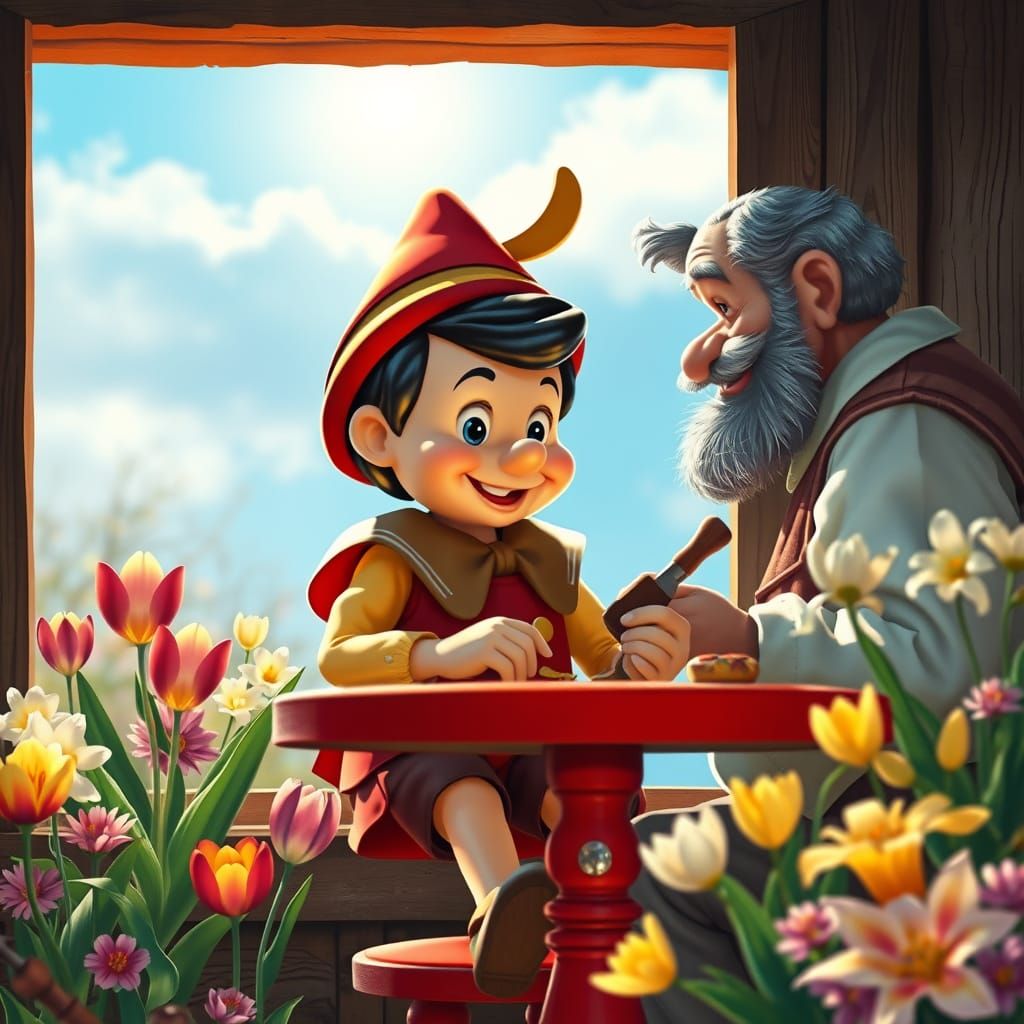 Un joli Pinocchio dans ses  habits de fêtes, assis sur son tabouret rouge,  regarde par la fenêtre son jardin avec de si...