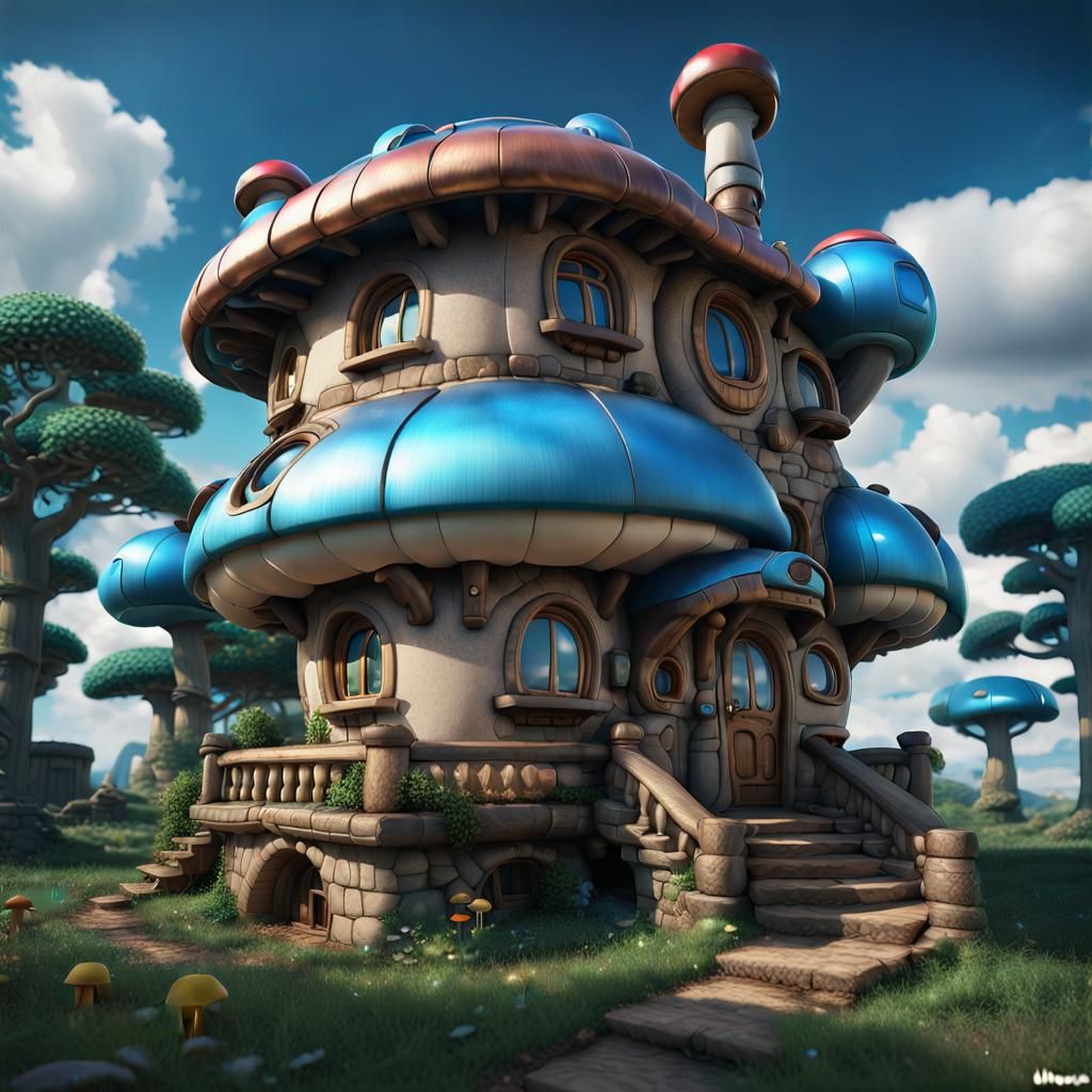 MegaMan Style Mushroom House, Detailed Digital Art