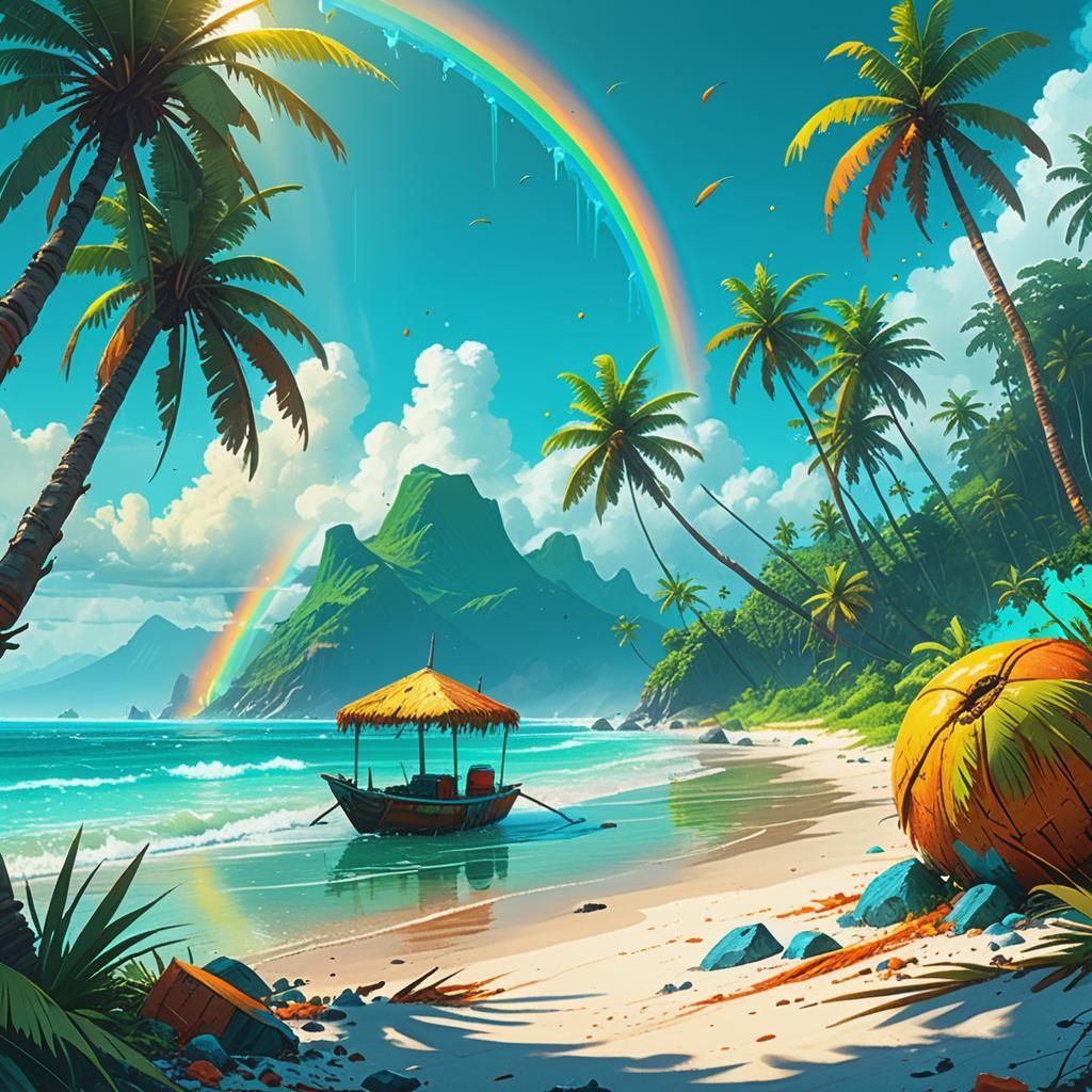 Tropical Beach Paradise in Digital Matte Painting Style