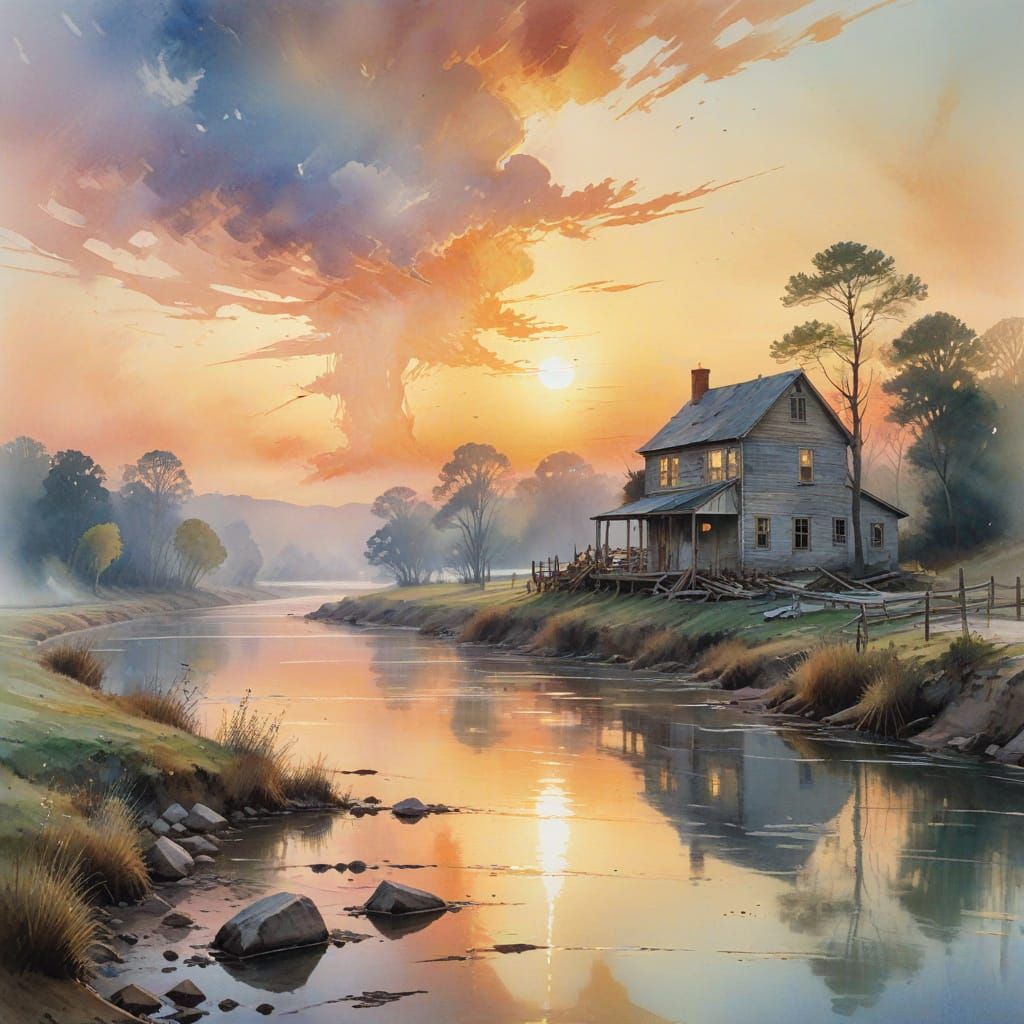 Sunrise of Hope Over a Tranquil River in a Vibrant Watercolo...