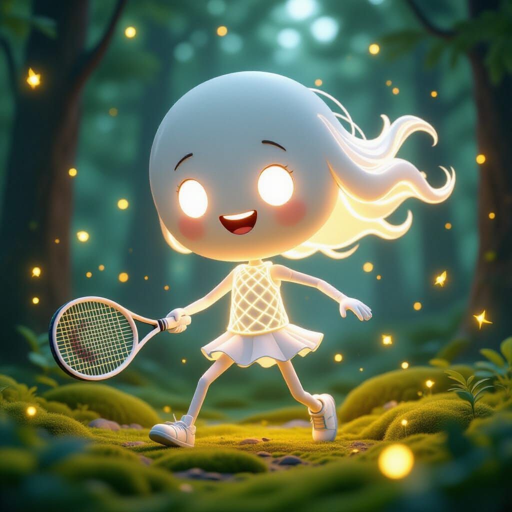 Glowing 3D Stick Figure Plays Tennis
