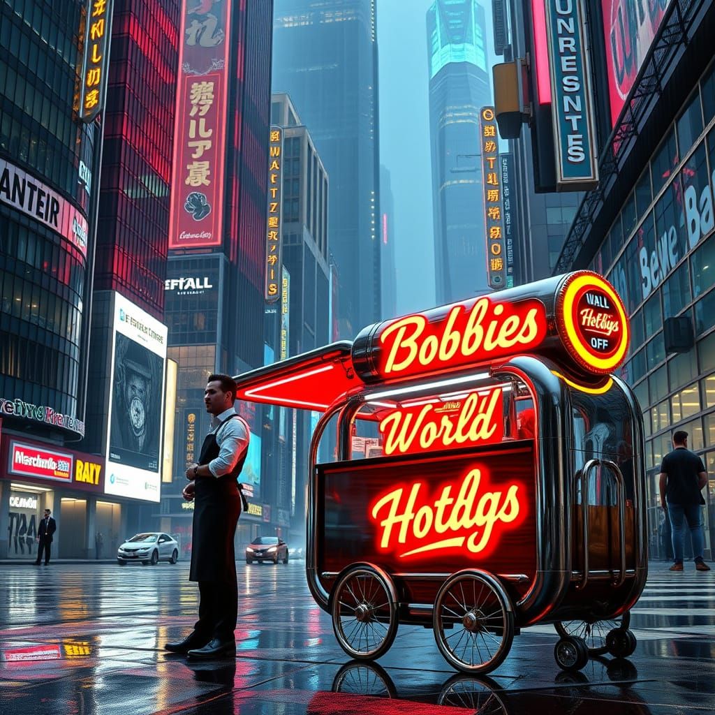 A futuristic dark city street lit only by bright neon Signage and streetlights. A single metal food cart sits in the cen...