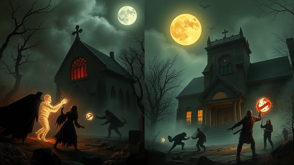 Ghostbusters vs Dracula in Dark Fantasy Split Screen