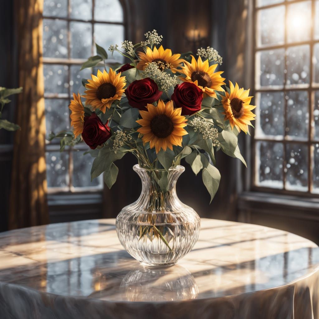 Golden Hour Bouquet: Sunflowers and Roses in Crystal Vase