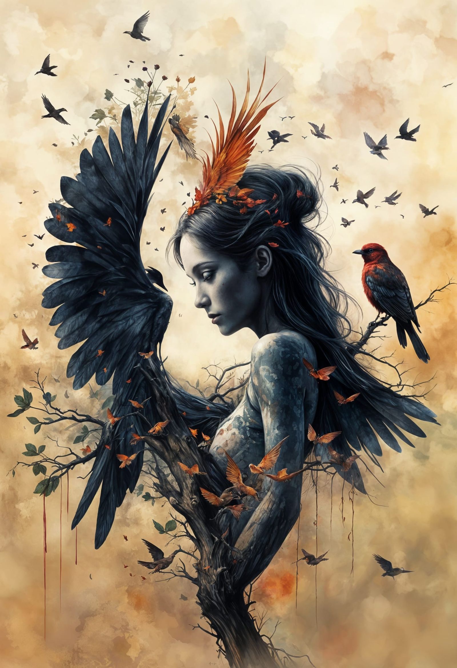 Red Winged Woman in Oil Painting Style