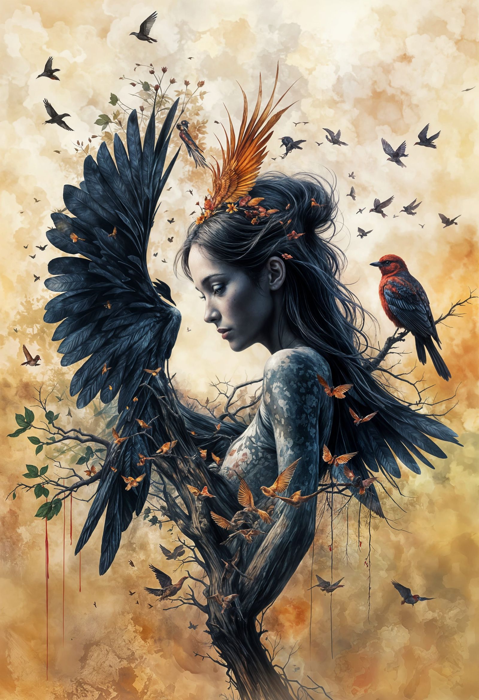 Vibrant Oil Painting of a Woman with Red Wings