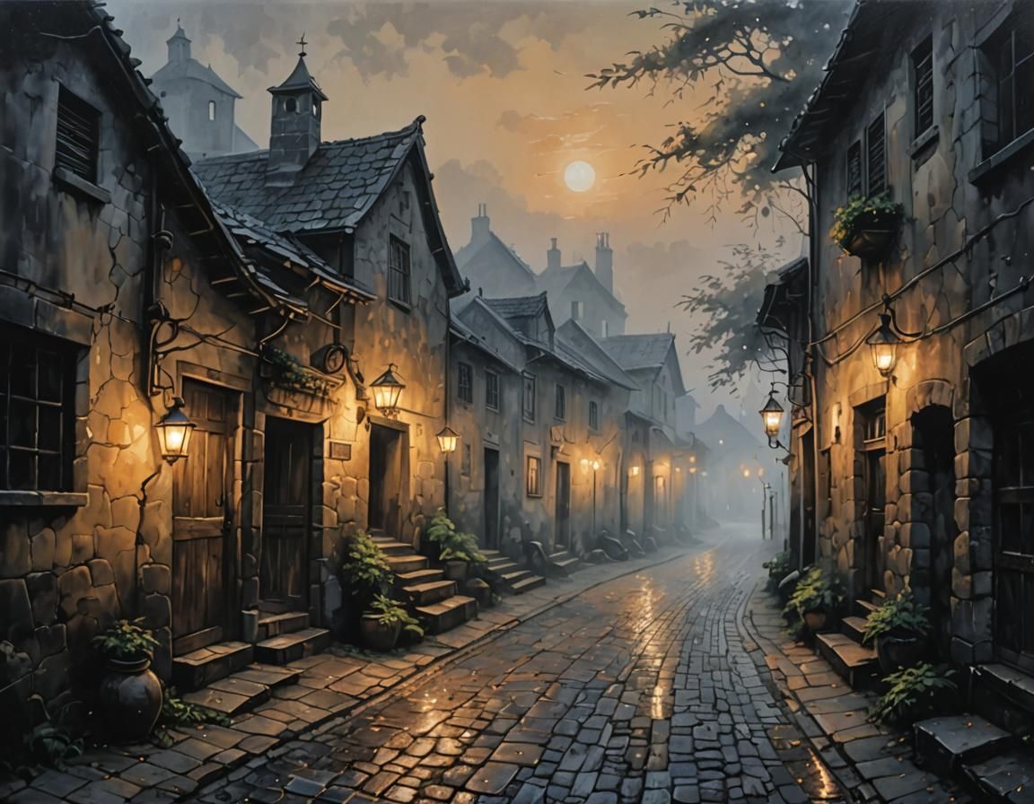 Picturesque Village Alley at Sunrise: Dark Fantasy Art