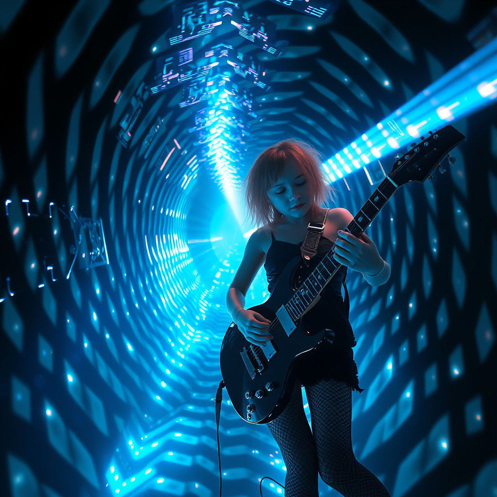 Goth Punk Fairy in a Tunnel of Morphing Guitars